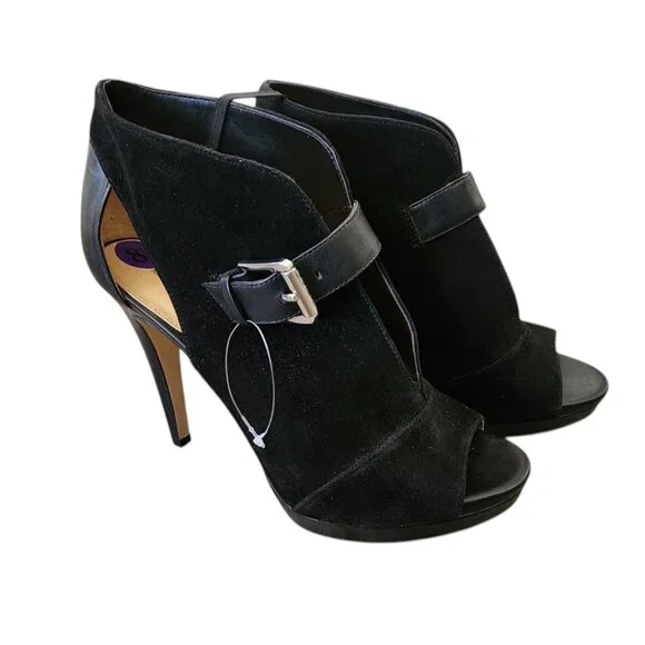 New MICHAEL Kors Black Suede Leather Isabella Open Peep Toe Heels Bootie Shoes - Picture 6 of 16